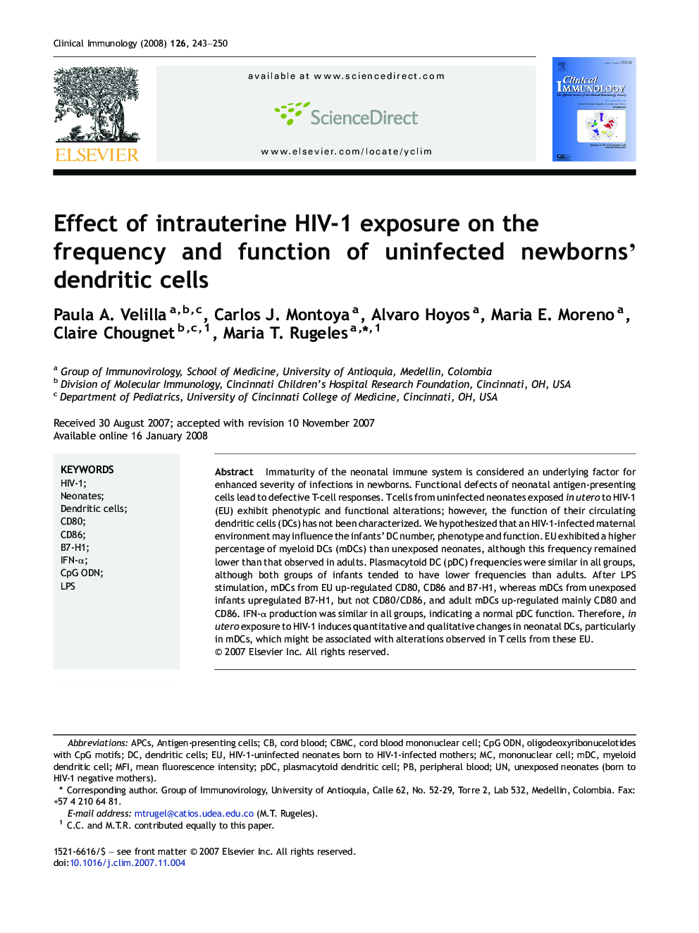 Effect of intrauterine HIV-1 exposure on the frequency and function of uninfected newborns’ dendritic cells