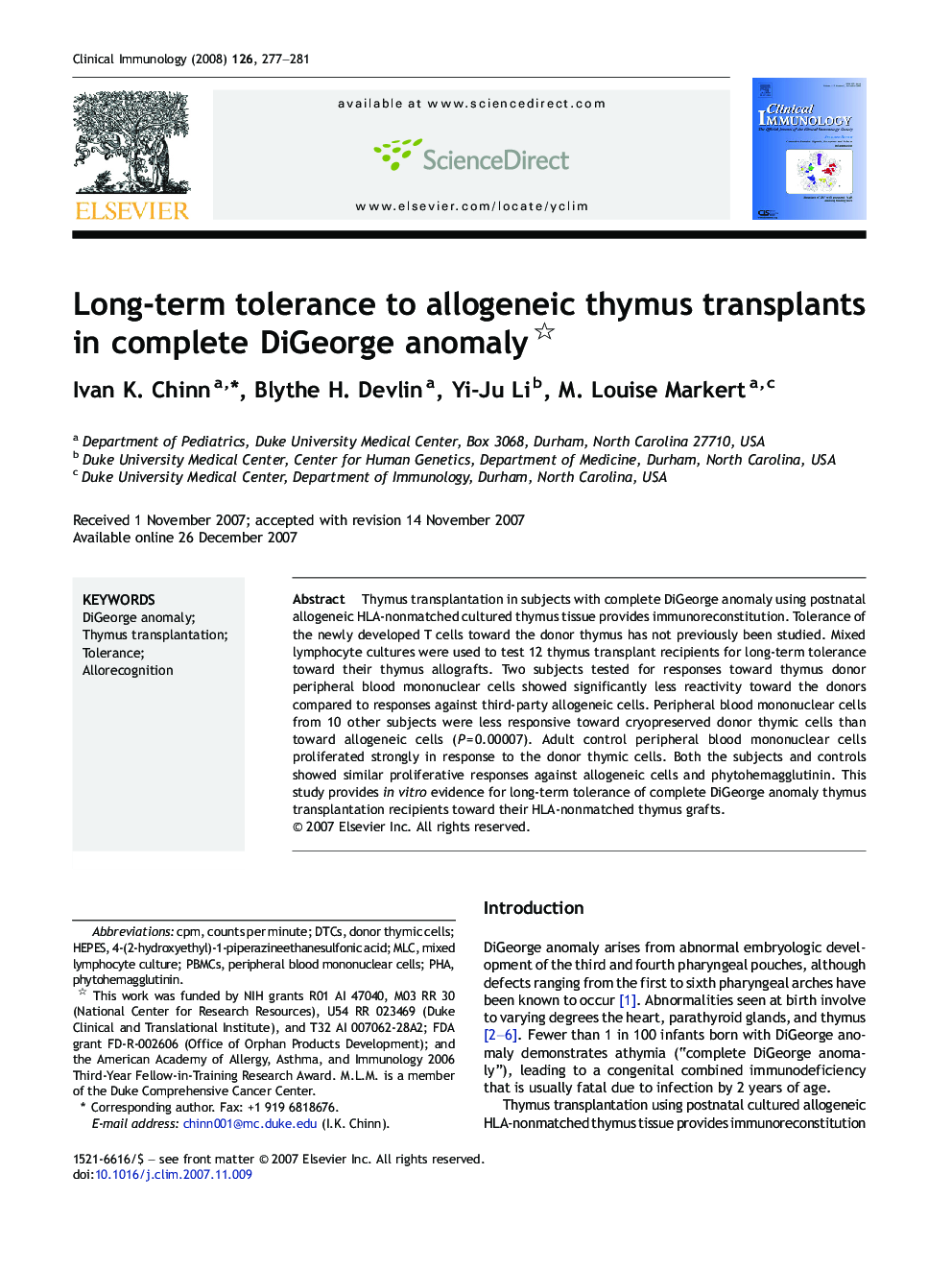 Long-term tolerance to allogeneic thymus transplants in complete DiGeorge anomaly 