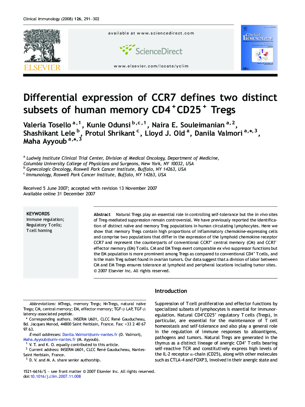 Differential expression of CCR7 defines two distinct subsets of human memory CD4+CD25+ Tregs