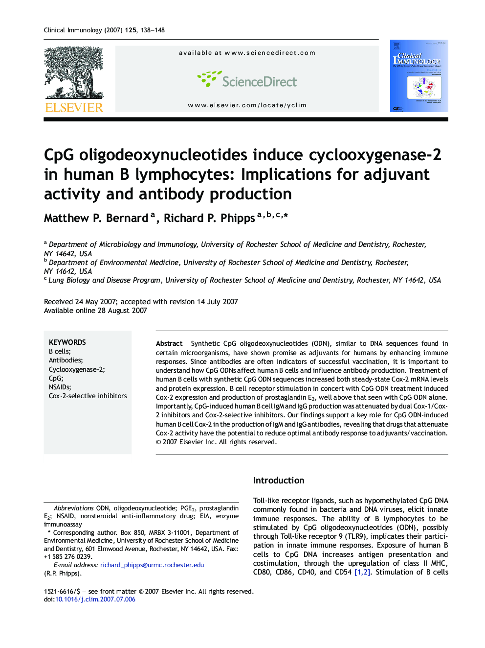 CpG oligodeoxynucleotides induce cyclooxygenase-2 in human B lymphocytes: Implications for adjuvant activity and antibody production