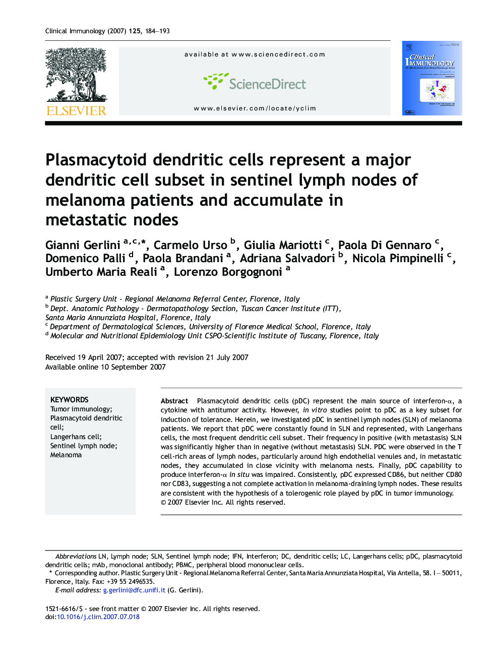 عکس صفحه اول مقاله: Plasmacytoid dendritic cells represent a major dendritic cell subset in sentinel lymph nodes of melanoma patients and accumulate in metastatic nodes Plasmacytoid dendritic cells represent a major dendritic cell subset in sentinel lymph nodes of melanoma patients and accumulate in metastatic nodes