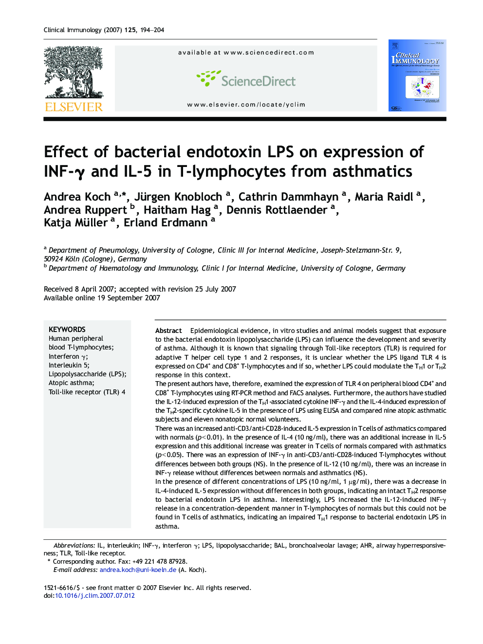 Effect of bacterial endotoxin LPS on expression of INF-γ and IL-5 in T-lymphocytes from asthmatics