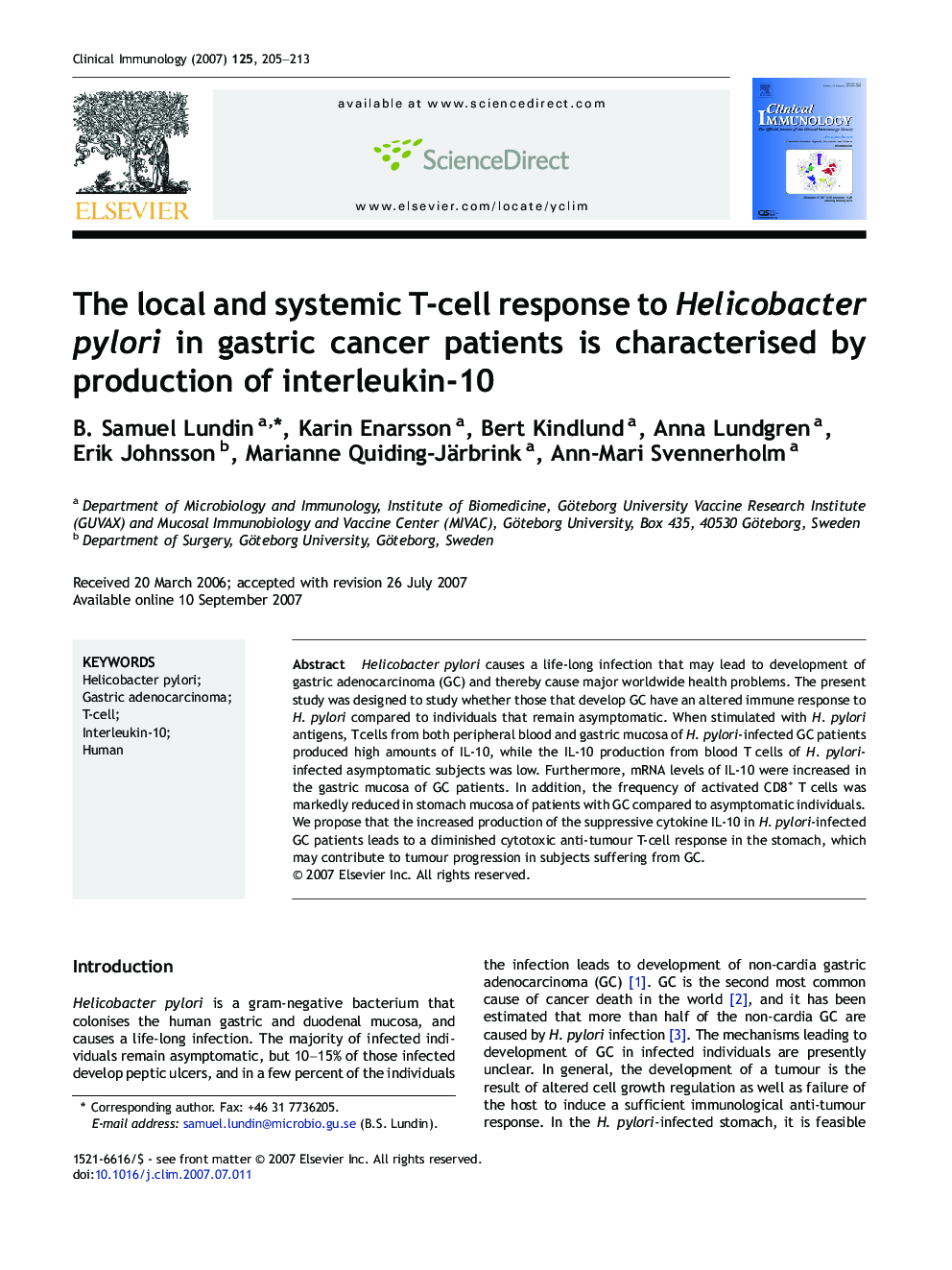 The local and systemic T-cell response to Helicobacter pylori in gastric cancer patients is characterised by production of interleukin-10