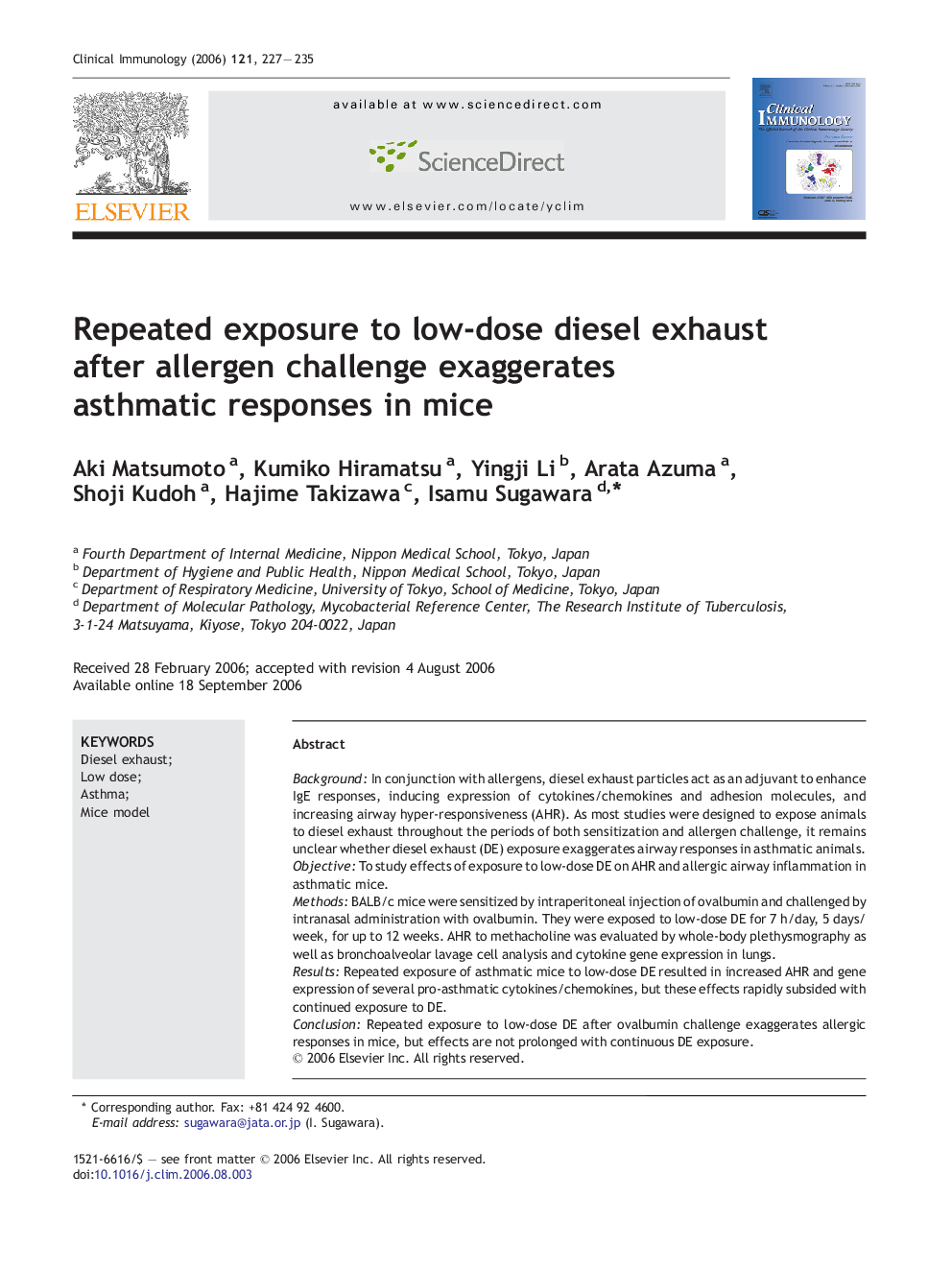 Repeated exposure to low-dose diesel exhaust after allergen challenge exaggerates asthmatic responses in mice