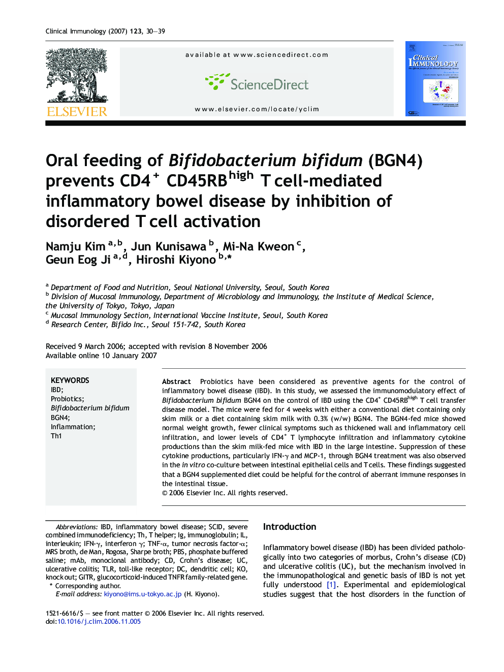 Oral feeding of Bifidobacterium bifidum (BGN4) prevents CD4+ CD45RBhigh T cell-mediated inflammatory bowel disease by inhibition of disordered T cell activation