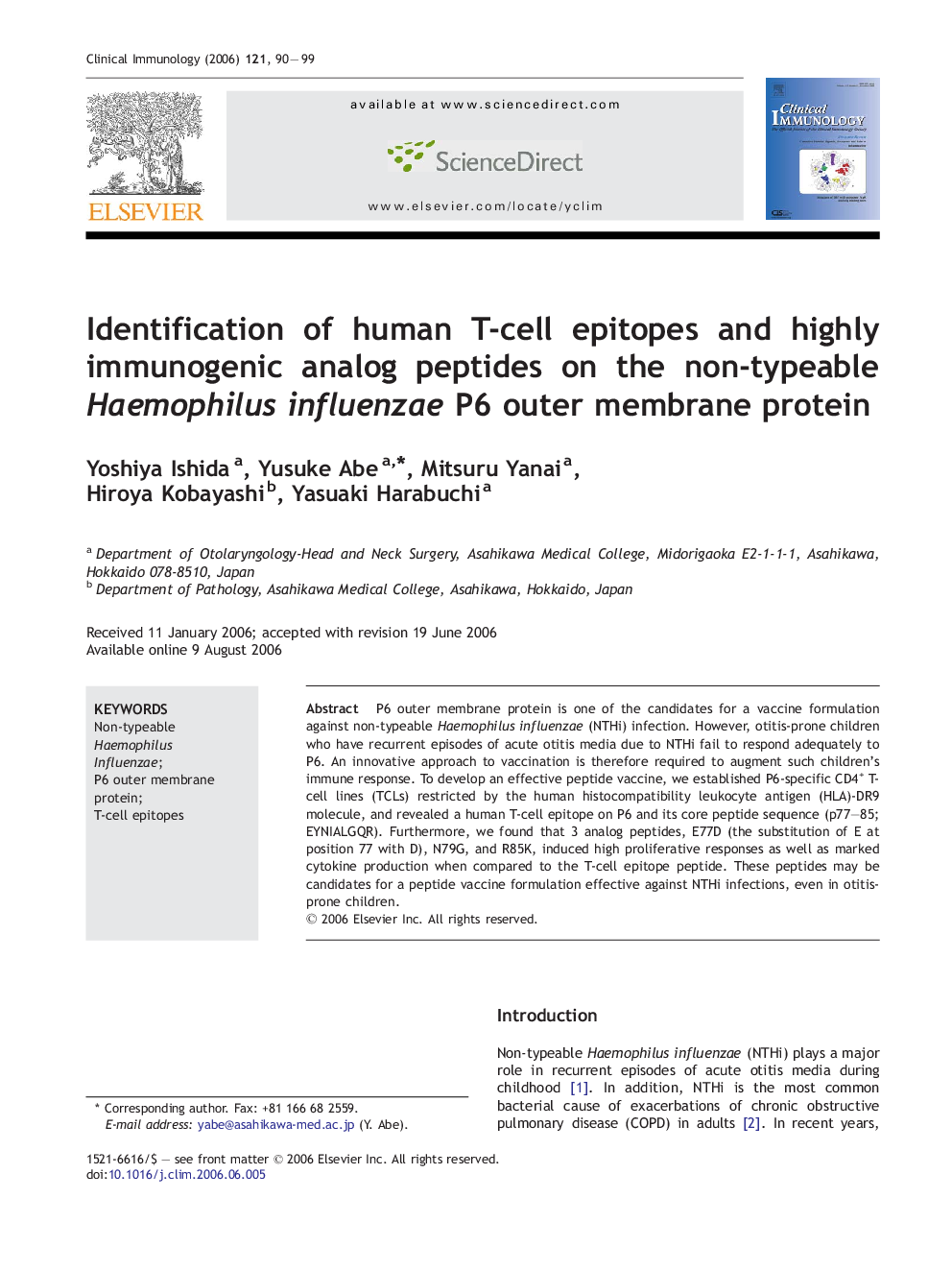 Identification of human T-cell epitopes and highly immunogenic analog peptides on the non-typeable Haemophilus influenzae P6 outer membrane protein