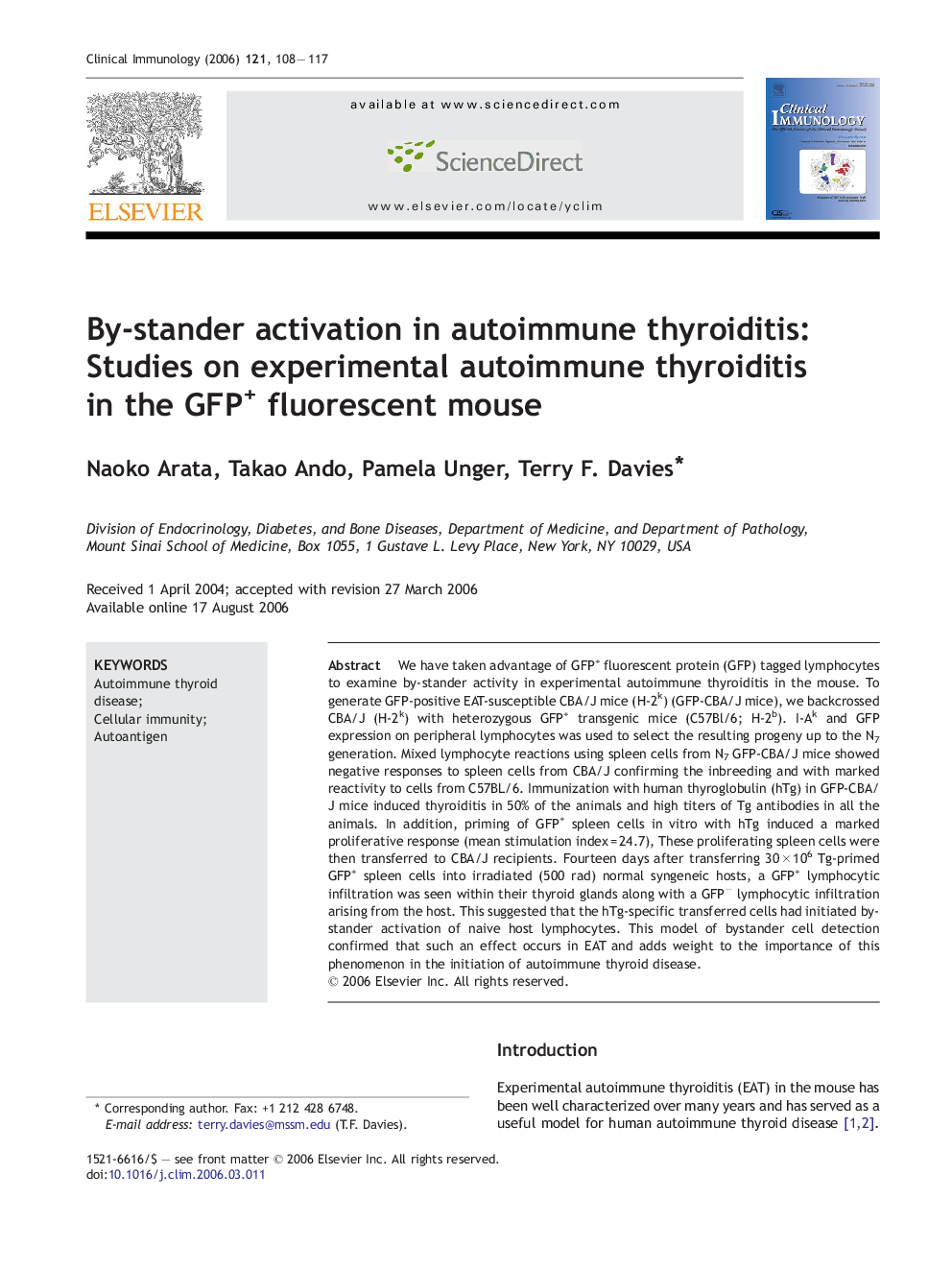 By-stander activation in autoimmune thyroiditis: Studies on experimental autoimmune thyroiditis in the GFP+ fluorescent mouse