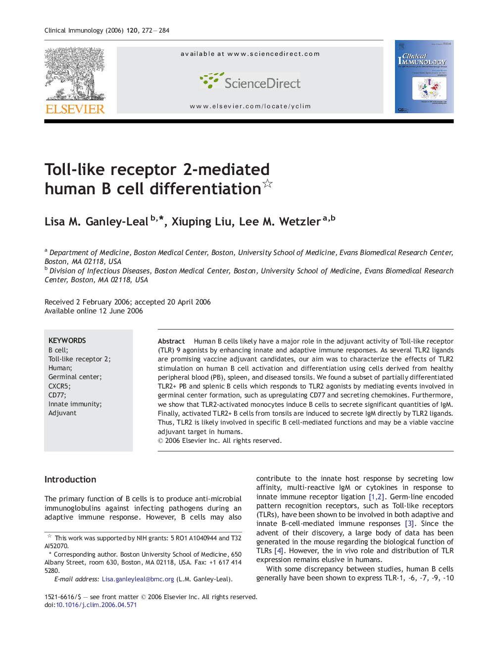 Toll-like receptor 2-mediated human B cell differentiation 