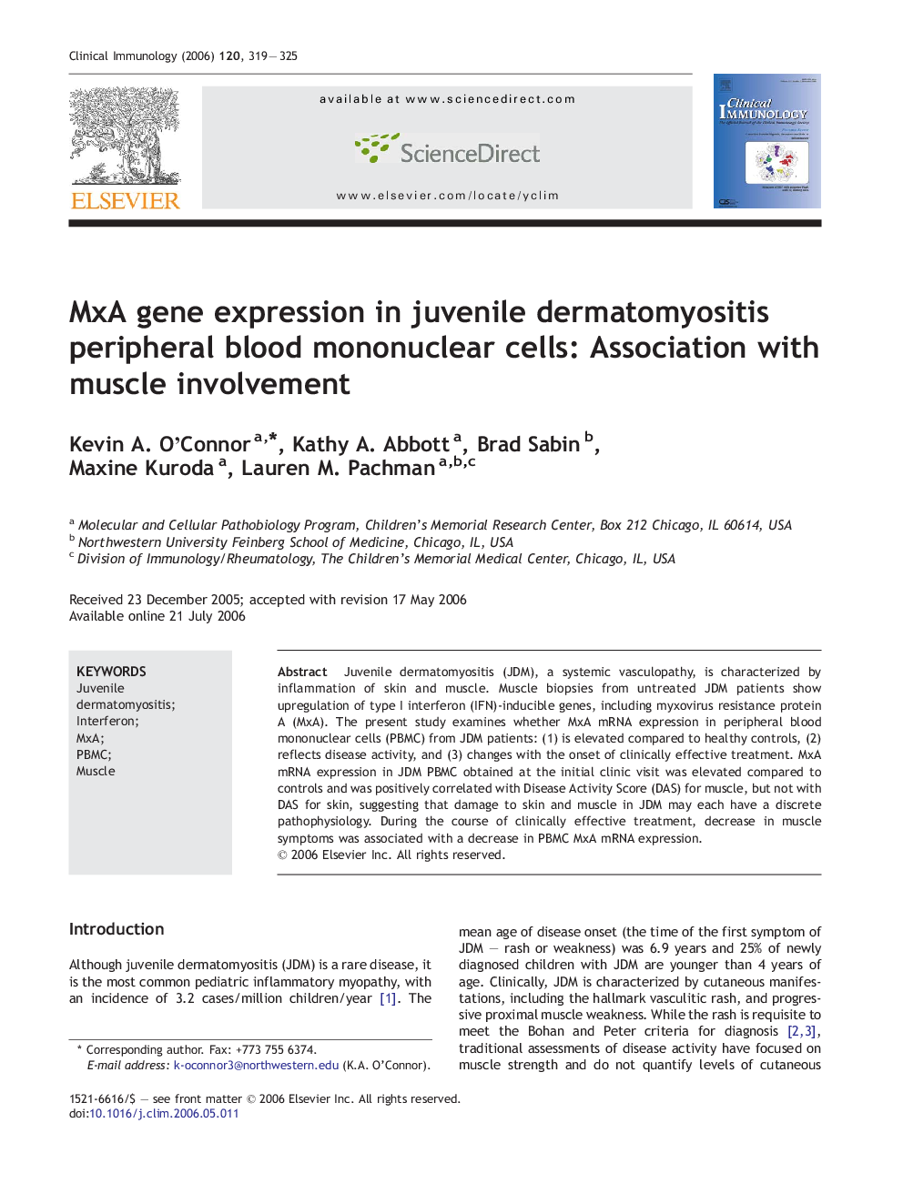 MxA gene expression in juvenile dermatomyositis peripheral blood mononuclear cells: Association with muscle involvement