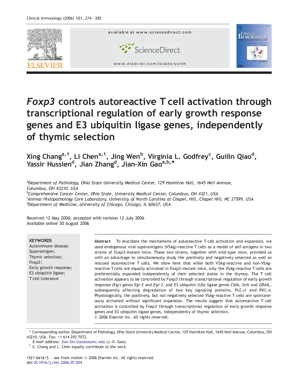 Foxp3 controls autoreactive T cell activation through transcriptional regulation of early growth response genes and E3 ubiquitin ligase genes, independently of thymic selection