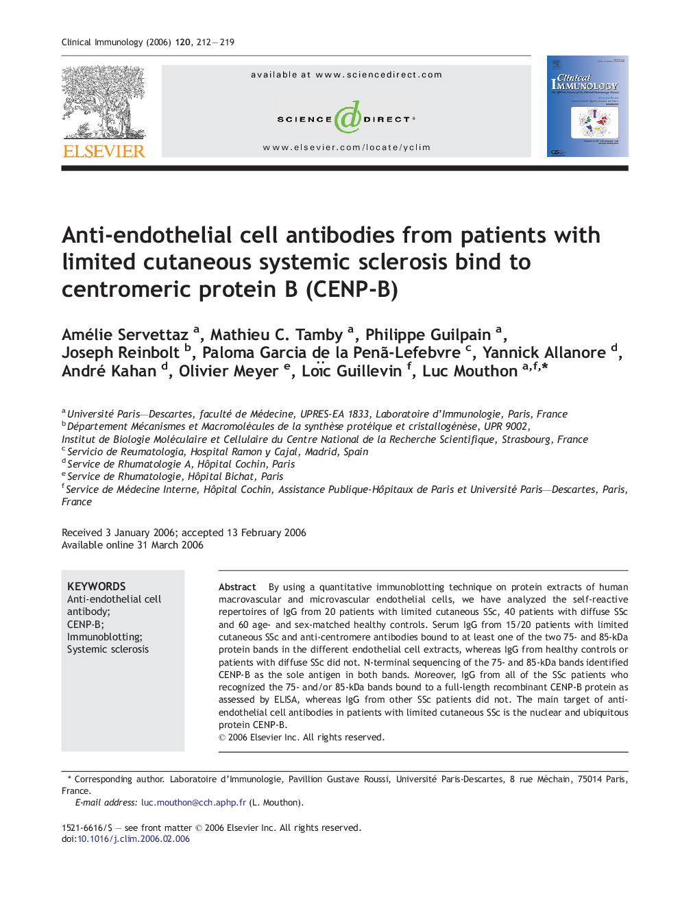 Anti-endothelial cell antibodies from patients with limited cutaneous systemic sclerosis bind to centromeric protein B (CENP-B)