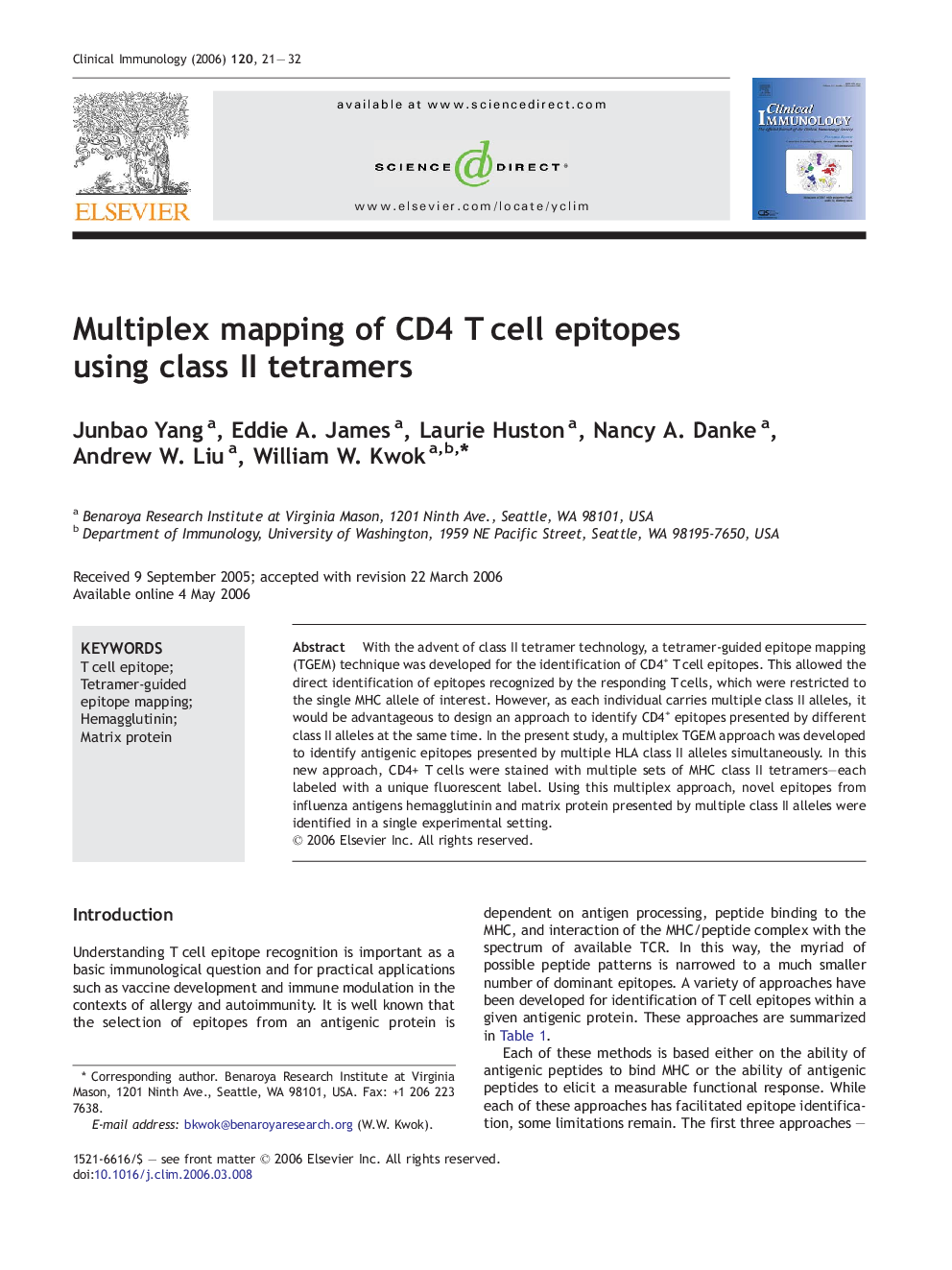 عکس صفحه اول مقاله: Multiplex mapping of CD4 T cell epitopes using class II tetramers Multiplex mapping of CD4 T cell epitopes using class II tetramers