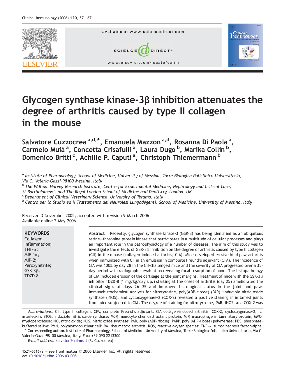 Glycogen synthase kinase-3β inhibition attenuates the degree of arthritis caused by type II collagen in the mouse