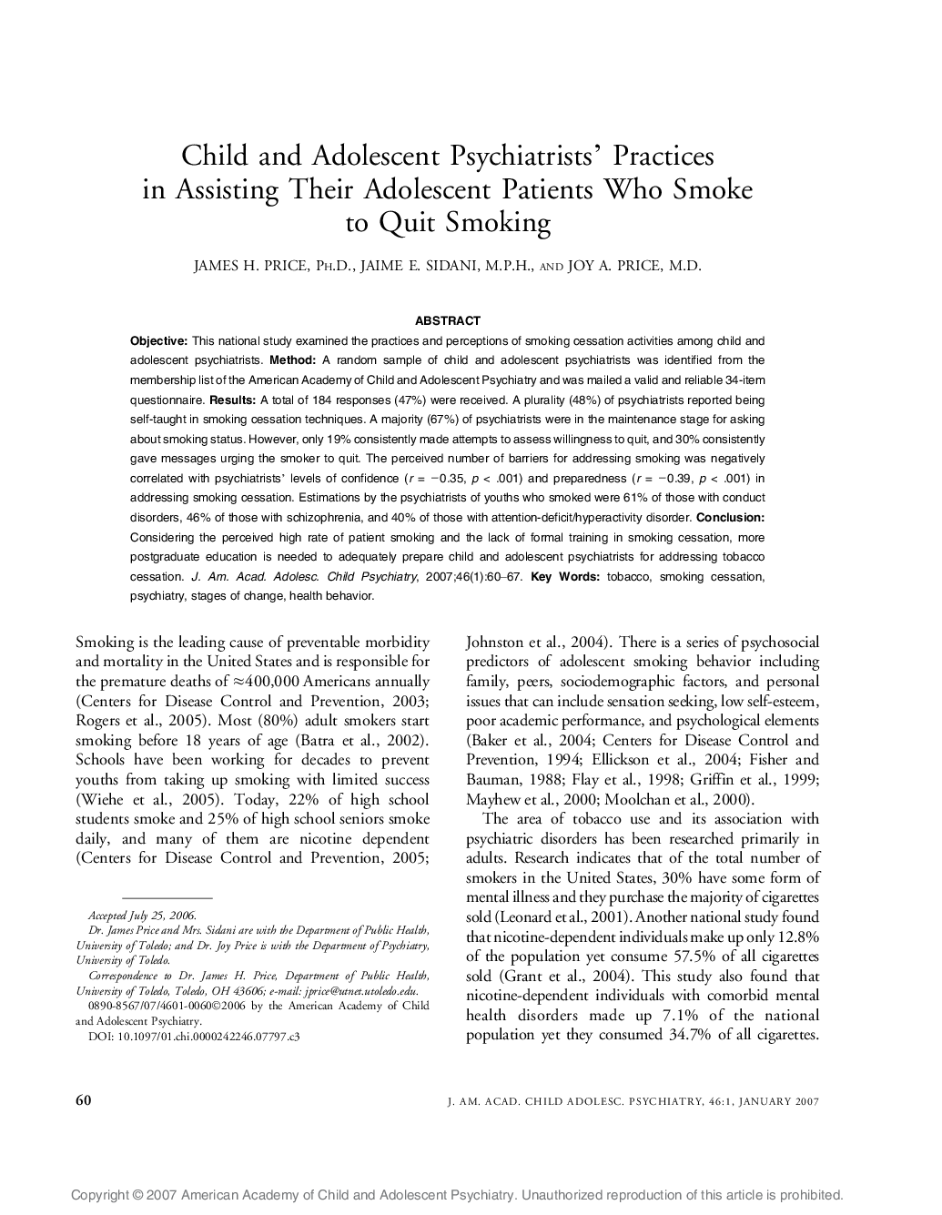 Child and Adolescent Psychiatrists' Practices in Assisting Their Adolescent Patients Who Smoke to Quit Smoking 