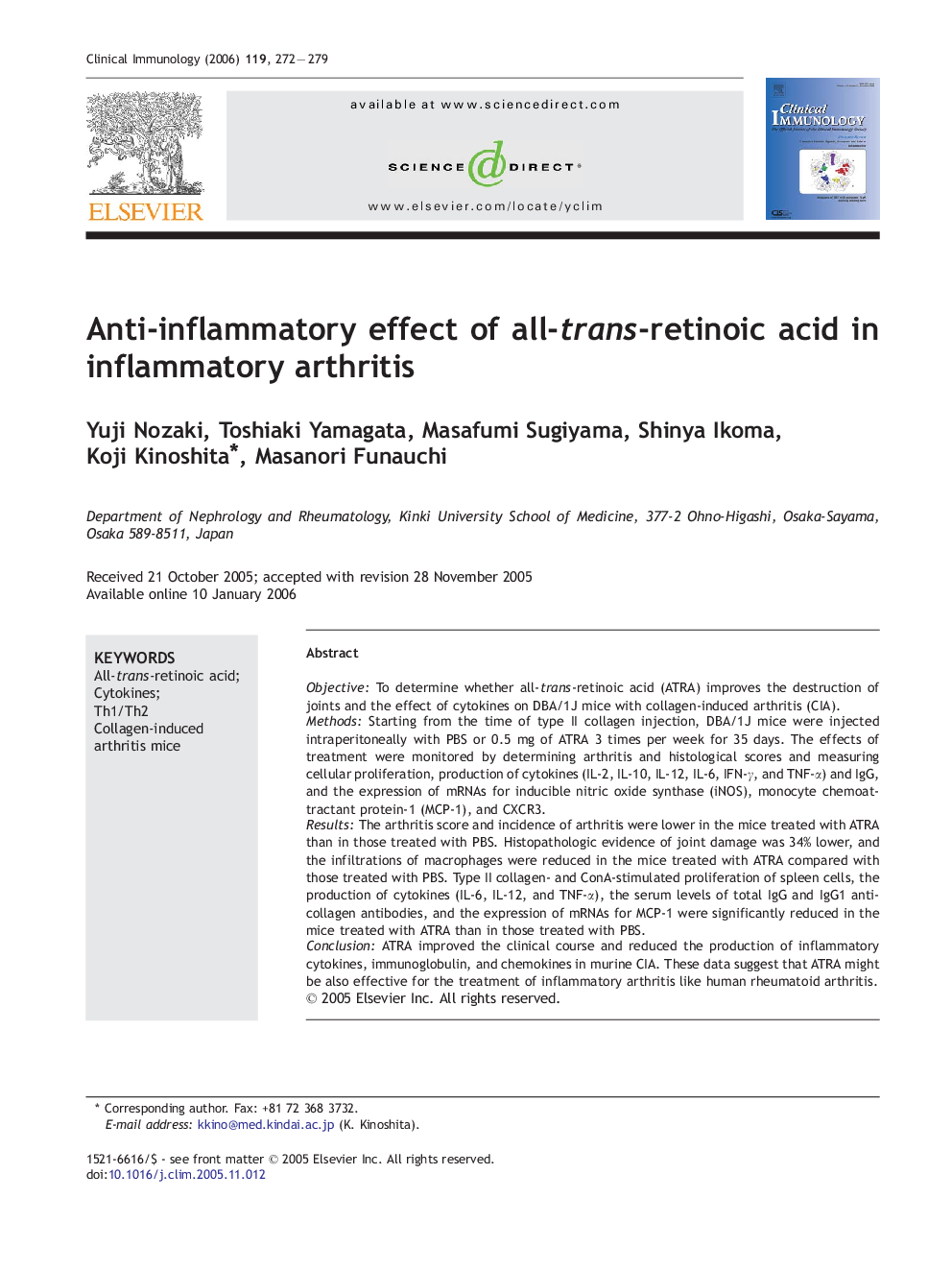 Anti-inflammatory effect of all-trans-retinoic acid in inflammatory arthritis