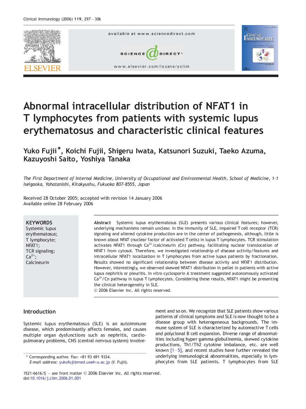 Abnormal intracellular distribution of NFAT1 in T lymphocytes from patients with systemic lupus erythematosus and characteristic clinical features