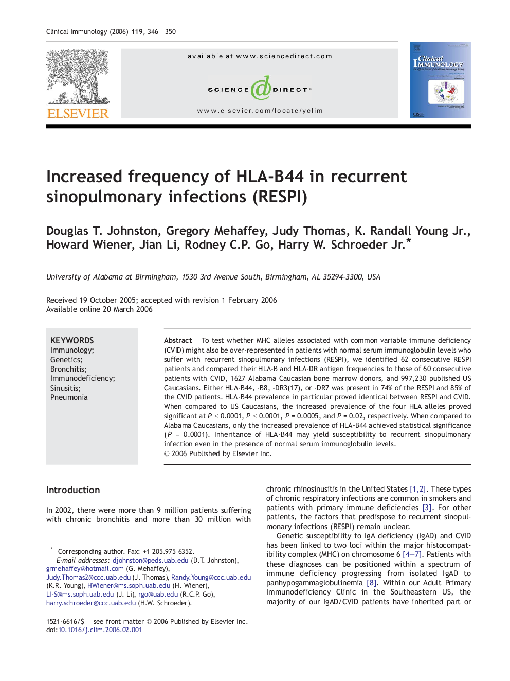 Increased frequency of HLA-B44 in recurrent sinopulmonary infections (RESPI)