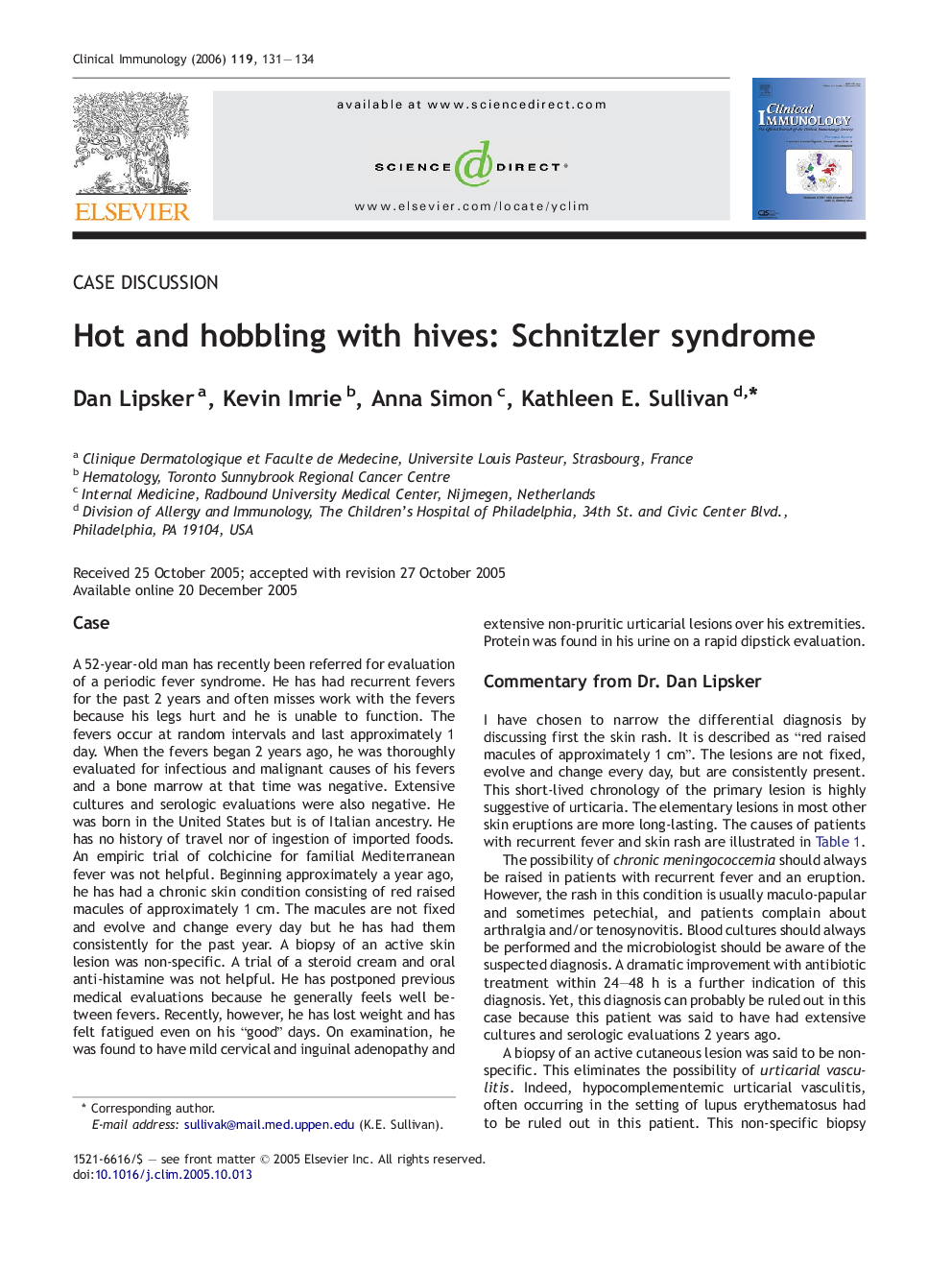 عکس صفحه اول مقاله: Hot and hobbling with hives: Schnitzler syndrome Hot and hobbling with hives: Schnitzler syndrome