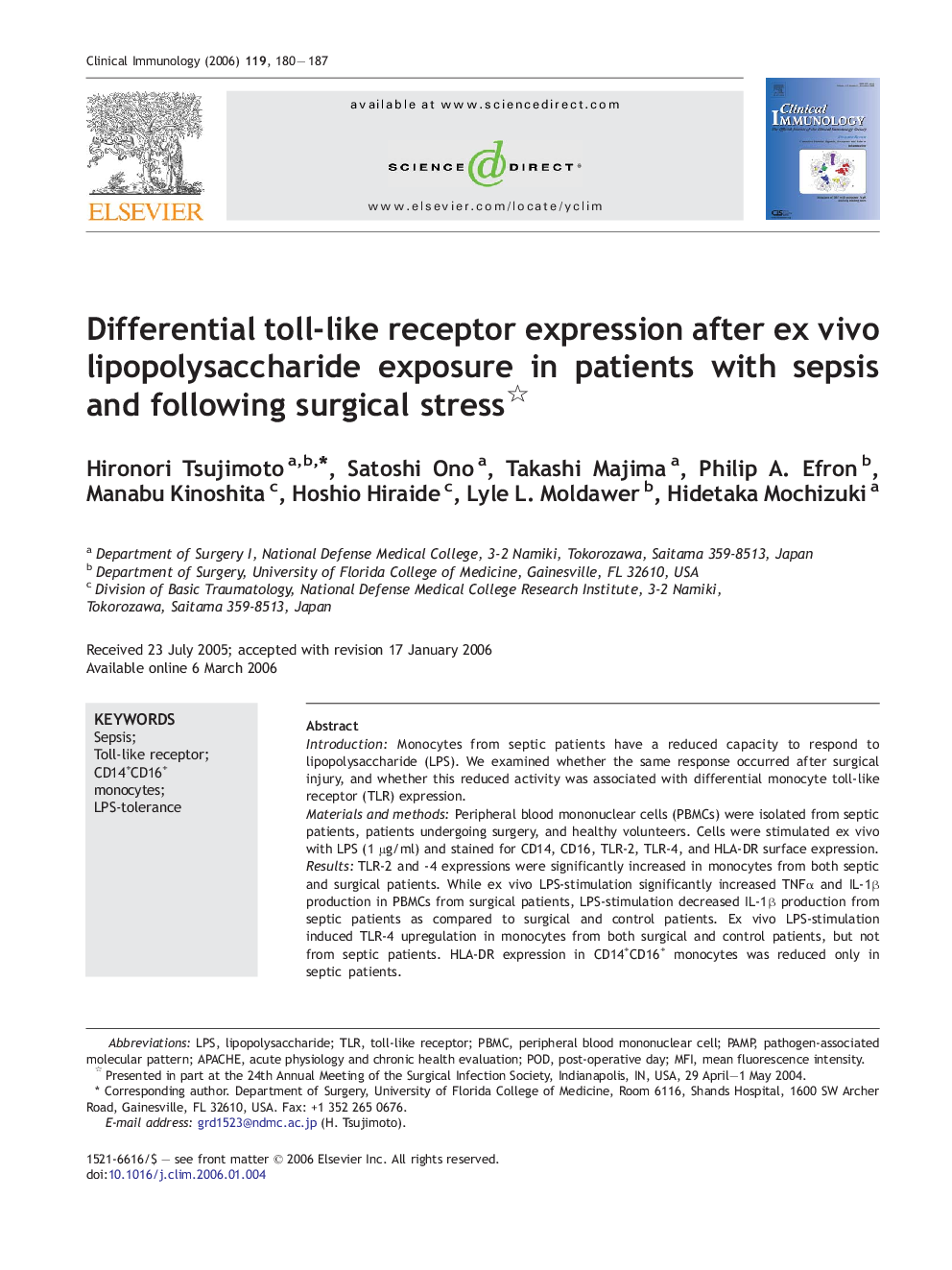 Differential toll-like receptor expression after ex vivo lipopolysaccharide exposure in patients with sepsis and following surgical stress 