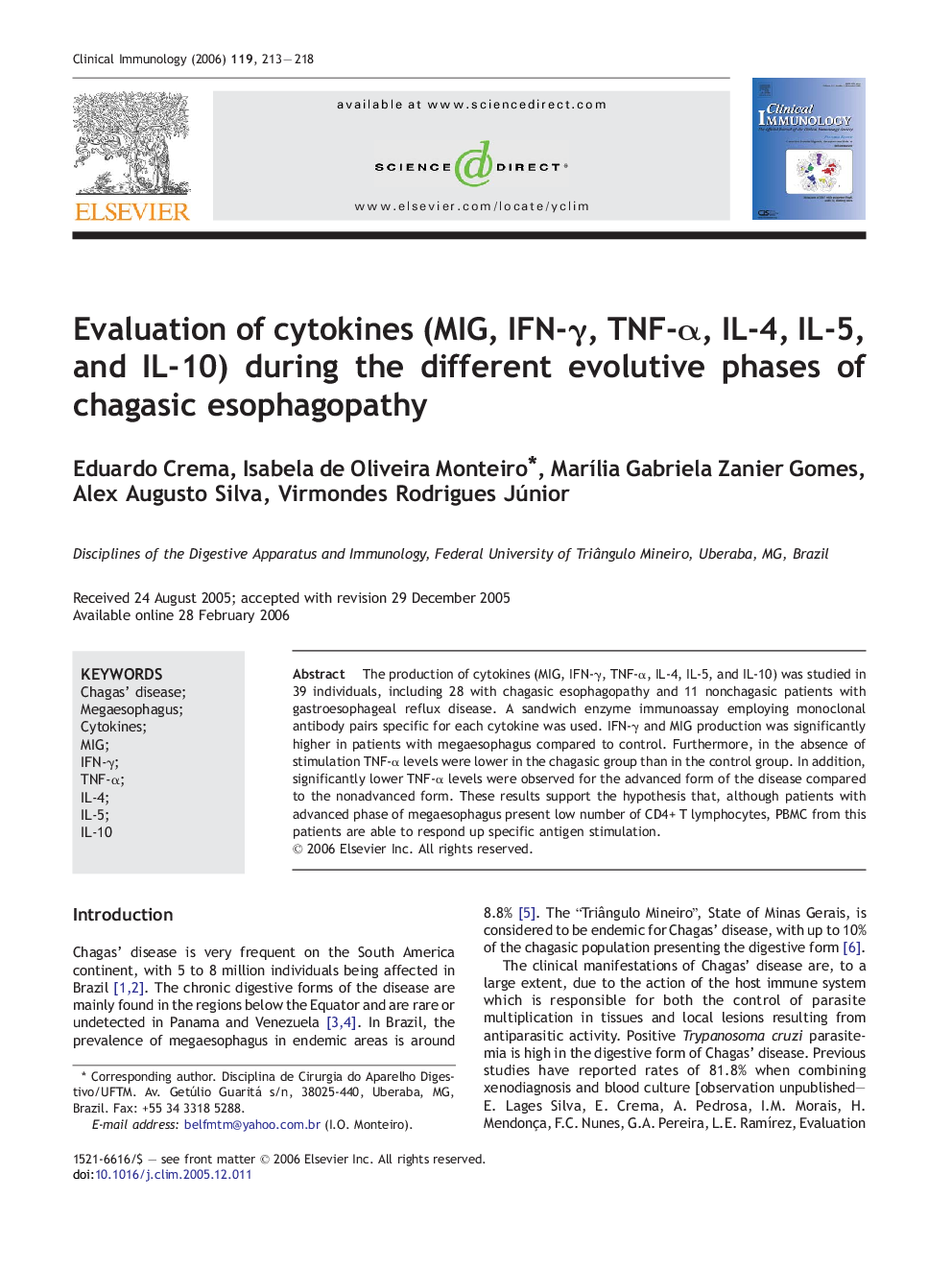 Evaluation of cytokines (MIG, IFN-γ, TNF-α, IL-4, IL-5, and IL-10) during the different evolutive phases of chagasic esophagopathy