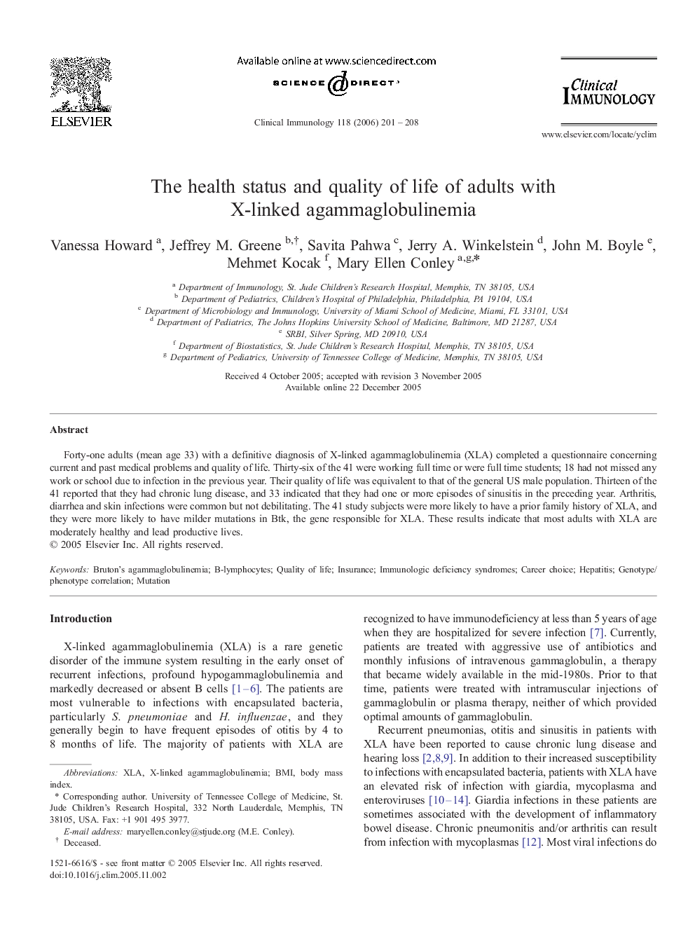 The health status and quality of life of adults with X-linked agammaglobulinemia