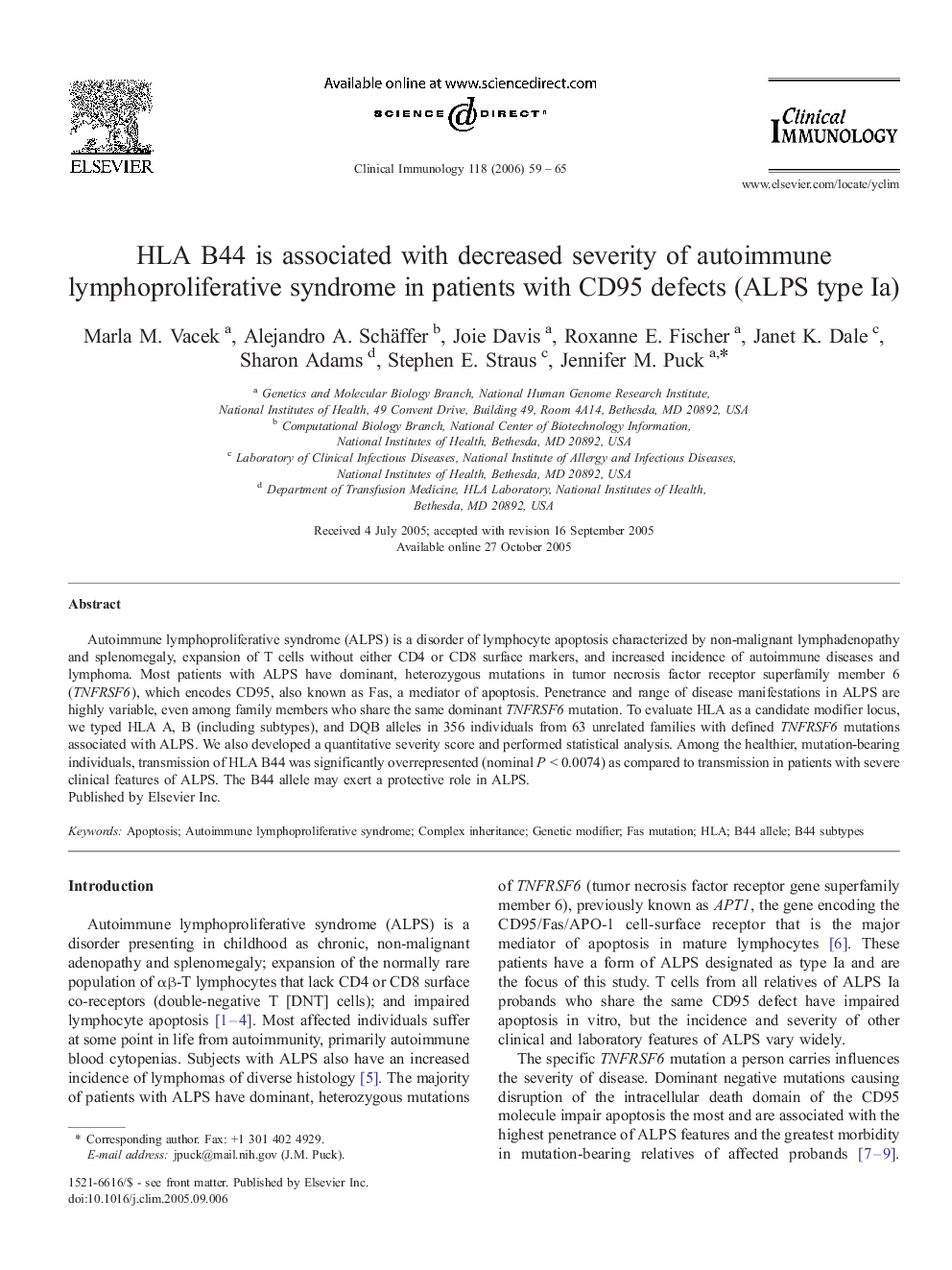 HLA B44 is associated with decreased severity of autoimmune lymphoproliferative syndrome in patients with CD95 defects (ALPS type Ia)