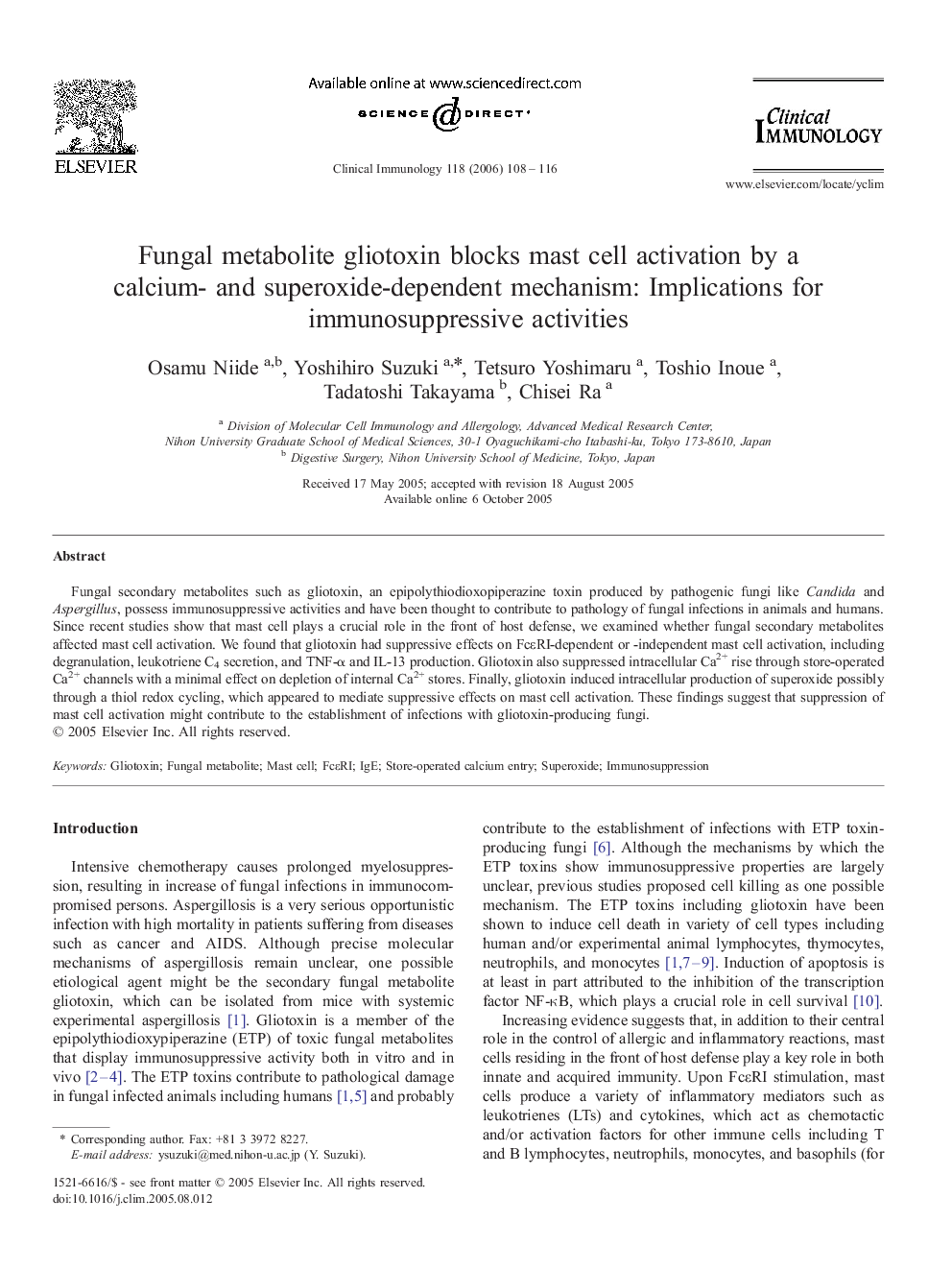 Fungal metabolite gliotoxin blocks mast cell activation by a calcium- and superoxide-dependent mechanism: Implications for immunosuppressive activities