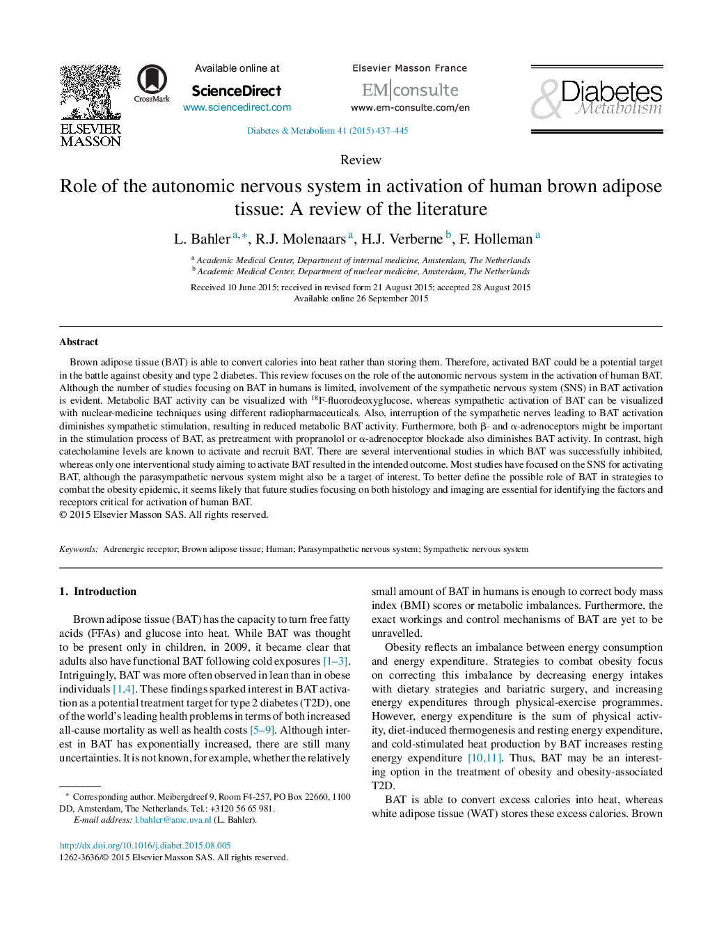 Role of the autonomic nervous system in activation of human brown adipose tissue: A review of the literature