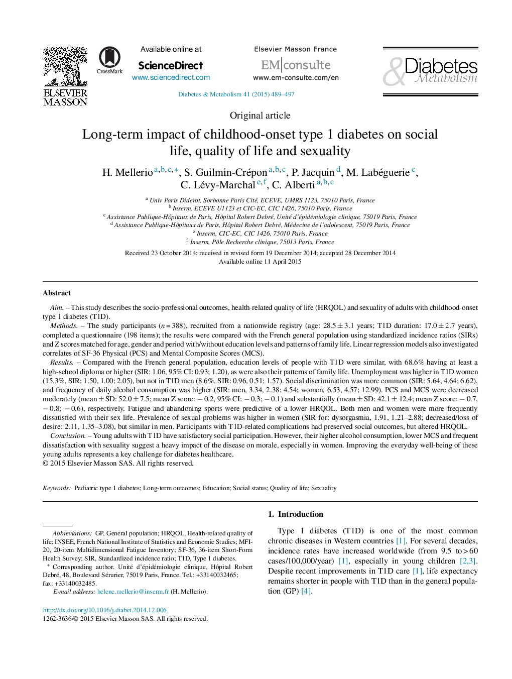 Long-term impact of childhood-onset type 1 diabetes on social life, quality of life and sexuality