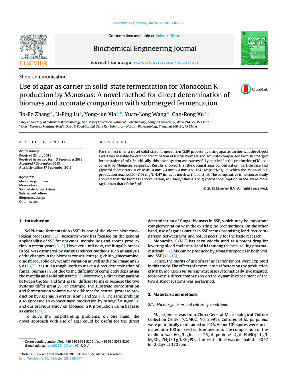 Use of agar as carrier in solid-state fermentation for Monacolin K production by Monascus: A novel method for direct determination of biomass and accurate comparison with submerged fermentation