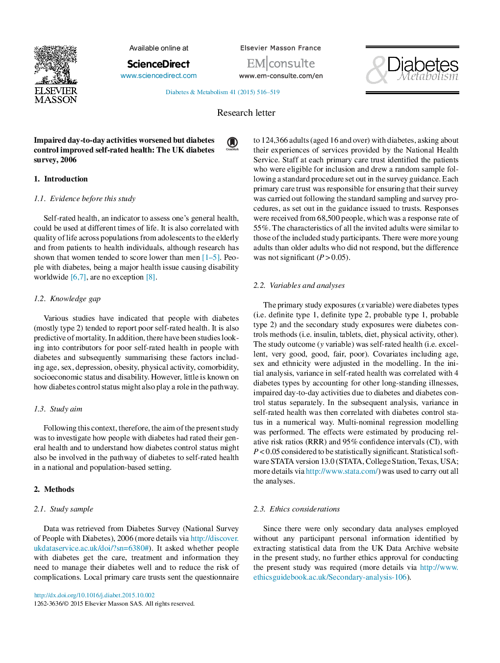 Impaired day-to-day activities worsened but diabetes control improved self-rated health: The UK diabetes survey, 2006