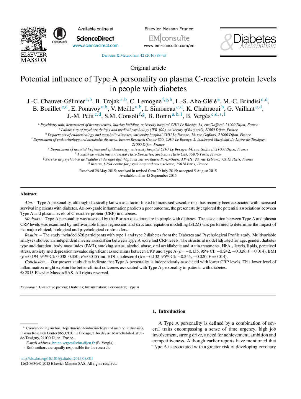 Potential influence of Type A personality on plasma C-reactive protein levels in people with diabetes