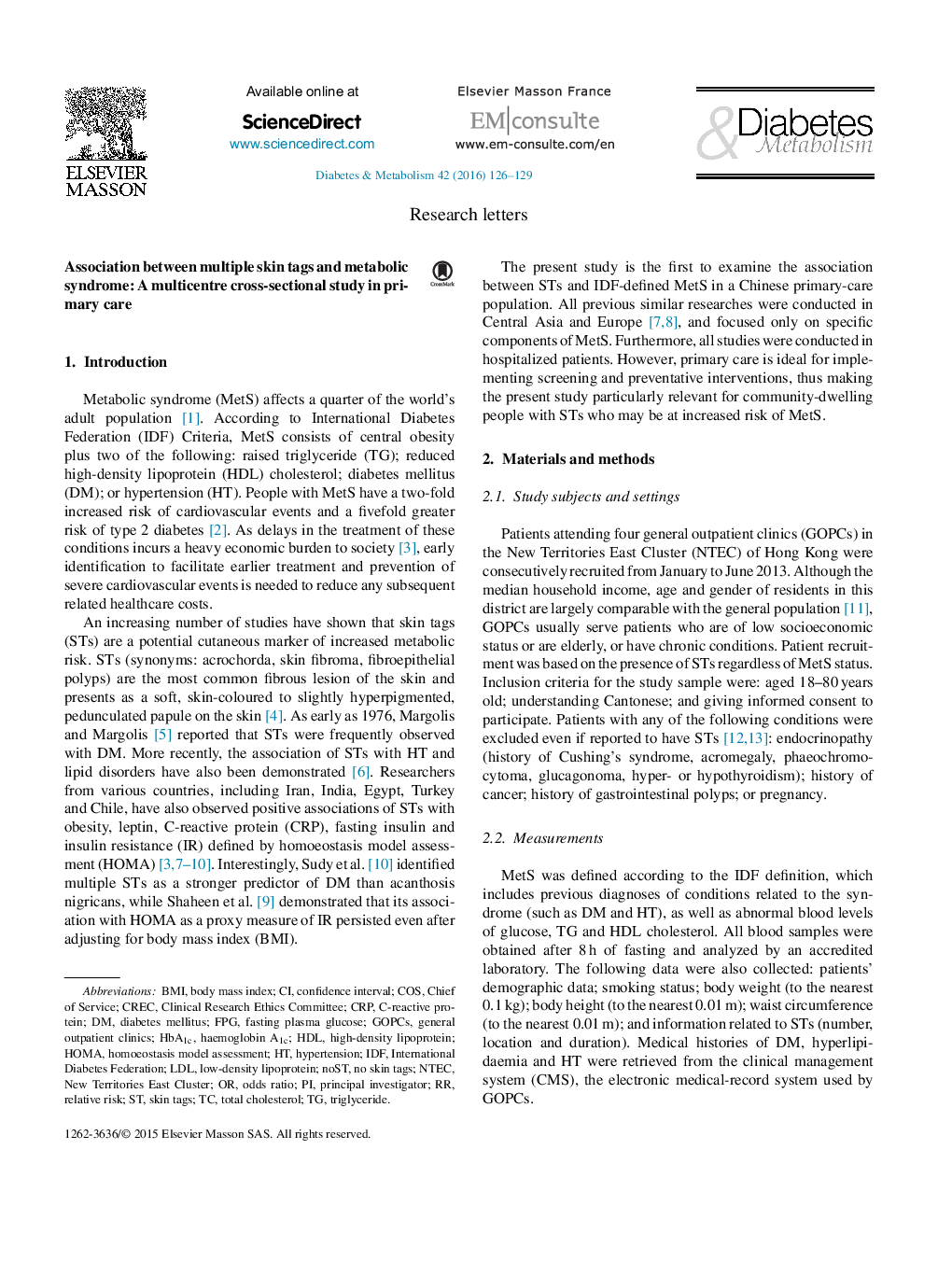 Association between multiple skin tags and metabolic syndrome: A multicentre cross-sectional study in primary care