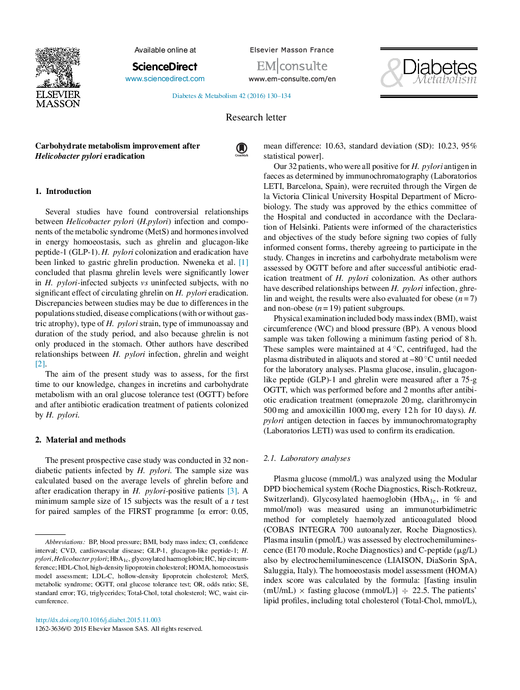 Carbohydrate metabolism improvement after Helicobacter pylori eradication