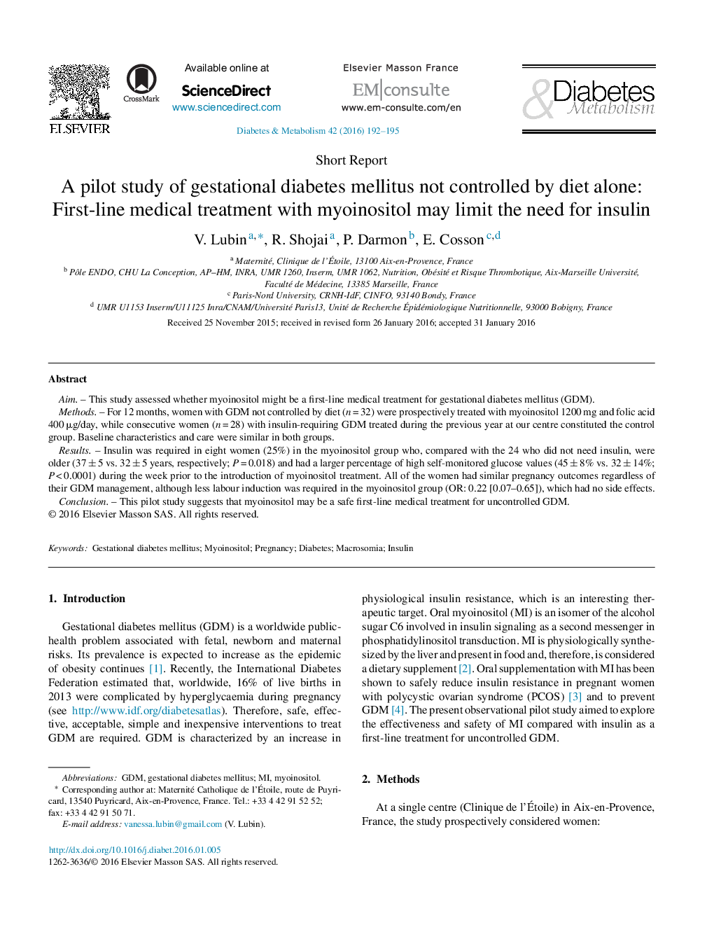 A pilot study of gestational diabetes mellitus not controlled by diet alone: First-line medical treatment with myoinositol may limit the need for insulin