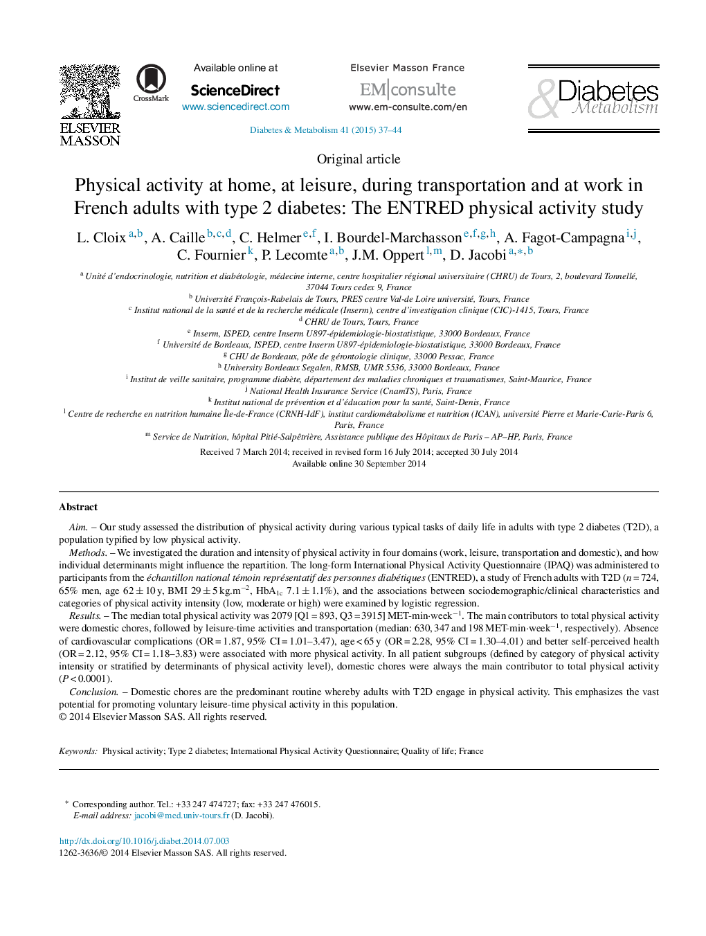 Physical activity at home, at leisure, during transportation and at work in French adults with type 2 diabetes: The ENTRED physical activity study