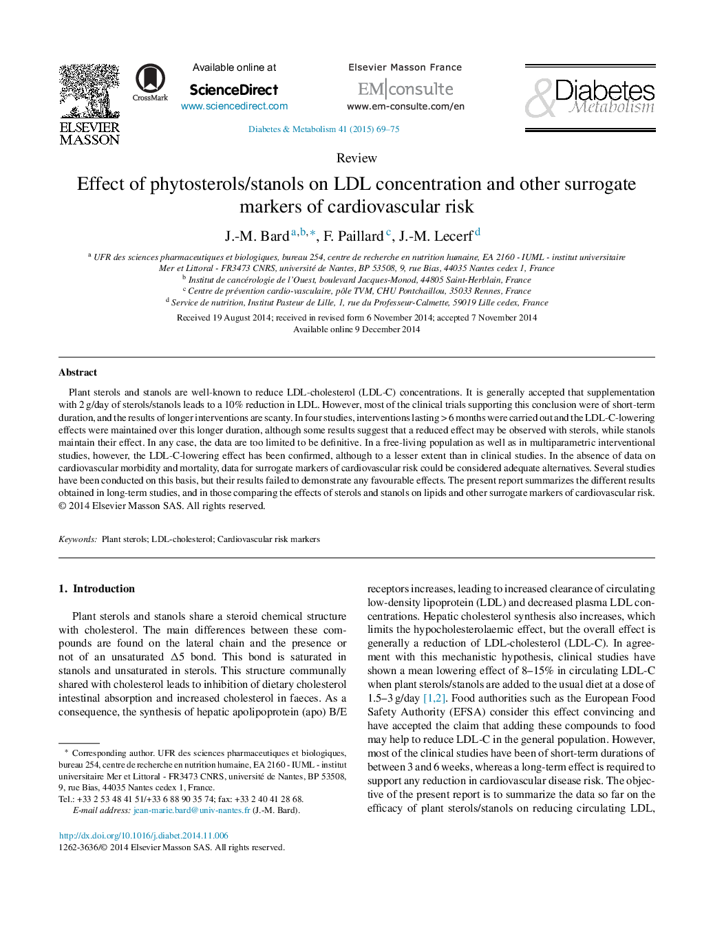 Effect of phytosterols/stanols on LDL concentration and other surrogate markers of cardiovascular risk