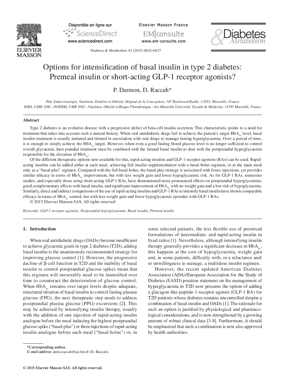 Options for intensification of basal insulin in type 2 diabetes: Premeal insulin or short-acting GLP-1 receptor agonists?