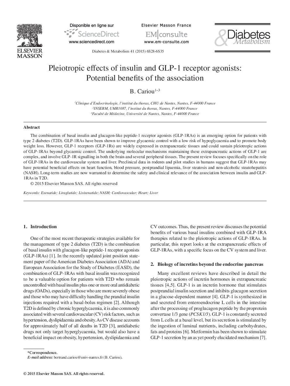 عکس صفحه اول مقاله: Pleiotropic effects of insulin and GLP-1 receptor agonists: Potential benefits of the association Pleiotropic effects of insulin and GLP-1 receptor agonists: Potential benefits of the association