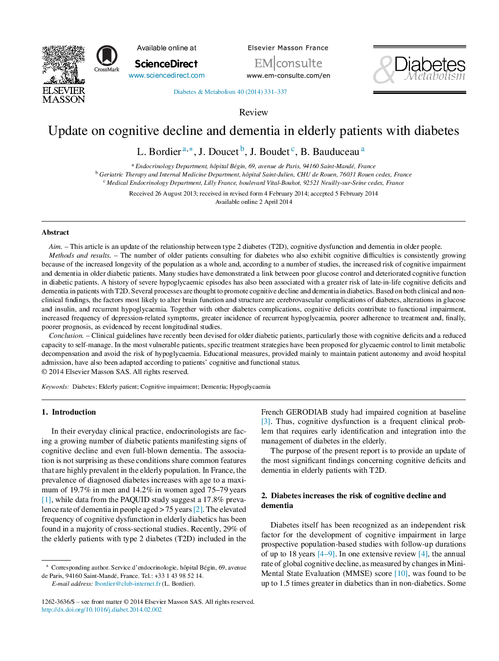 Update on cognitive decline and dementia in elderly patients with diabetes