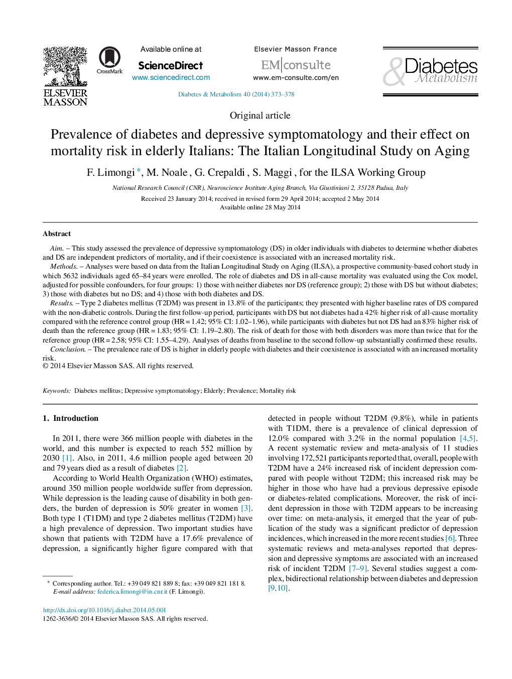 Prevalence of diabetes and depressive symptomatology and their effect on mortality risk in elderly Italians: The Italian Longitudinal Study on Aging