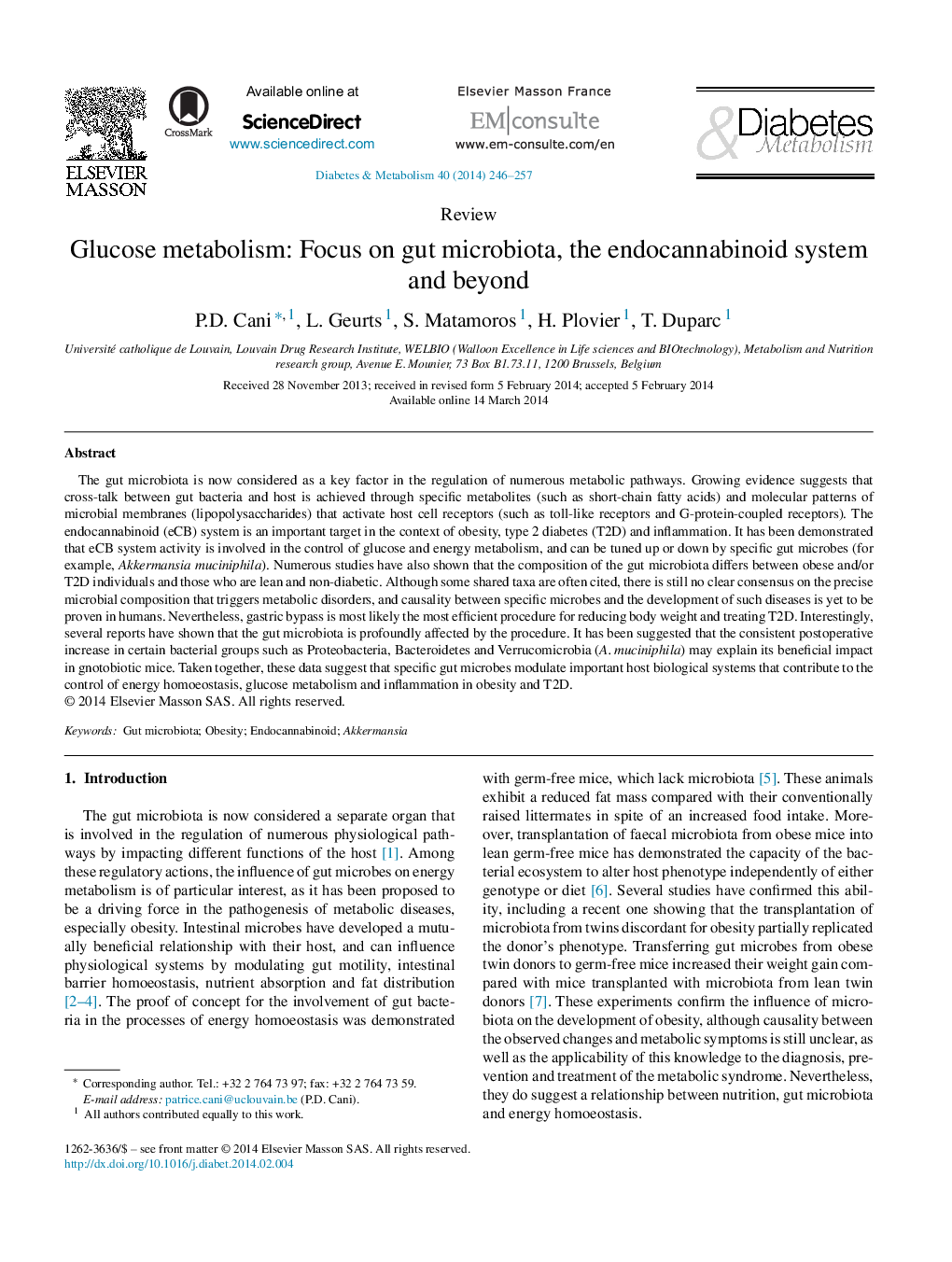 Glucose metabolism: Focus on gut microbiota, the endocannabinoid system and beyond