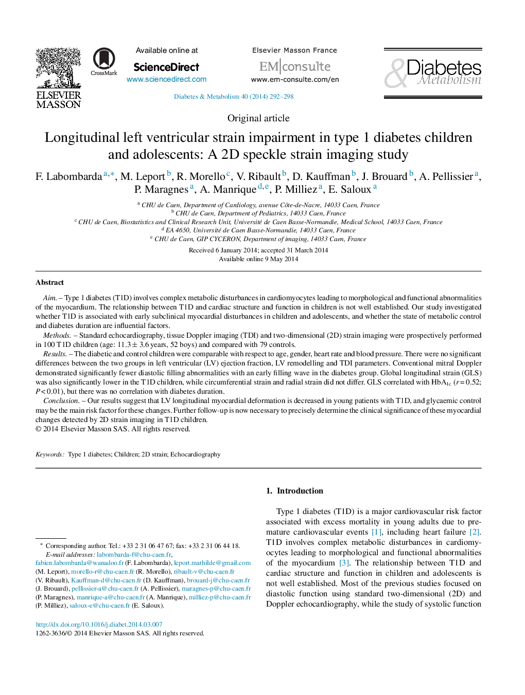 Longitudinal left ventricular strain impairment in type 1 diabetes children and adolescents: A 2D speckle strain imaging study