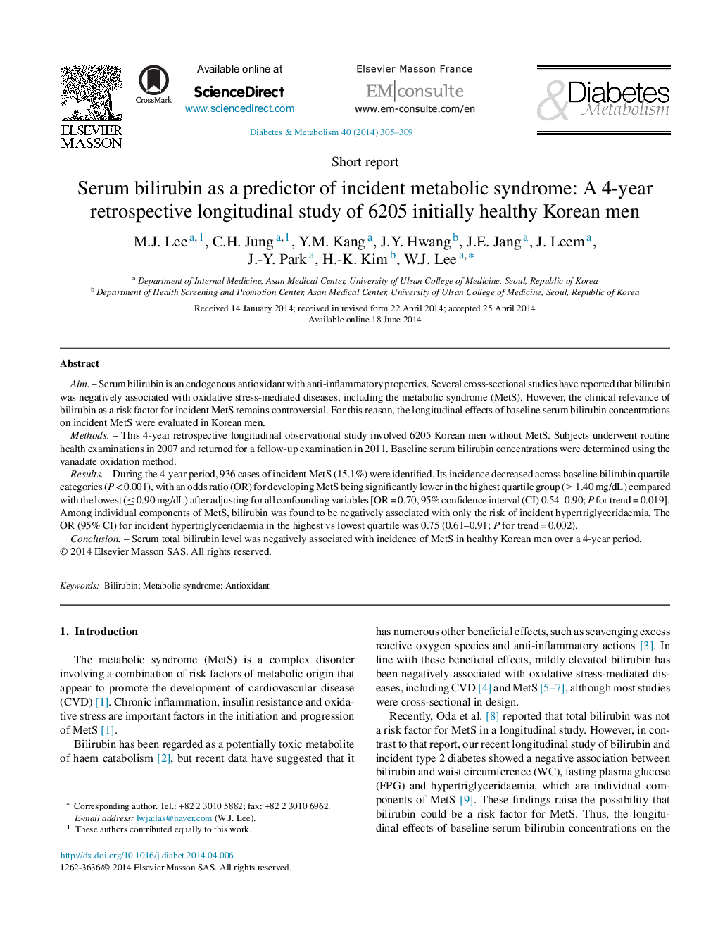 Serum bilirubin as a predictor of incident metabolic syndrome: A 4-year retrospective longitudinal study of 6205 initially healthy Korean men