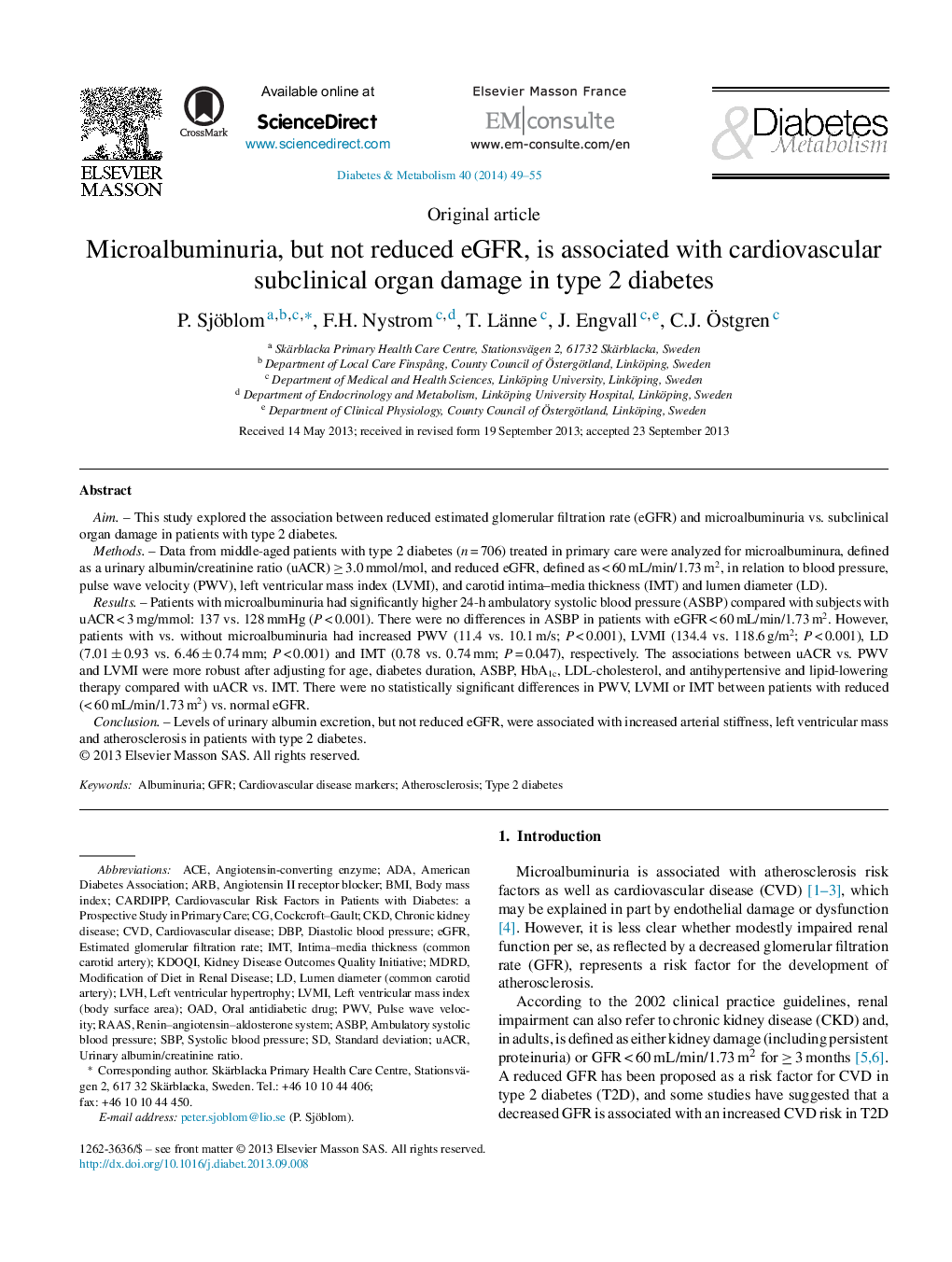 Microalbuminuria, but not reduced eGFR, is associated with cardiovascular subclinical organ damage in type 2 diabetes