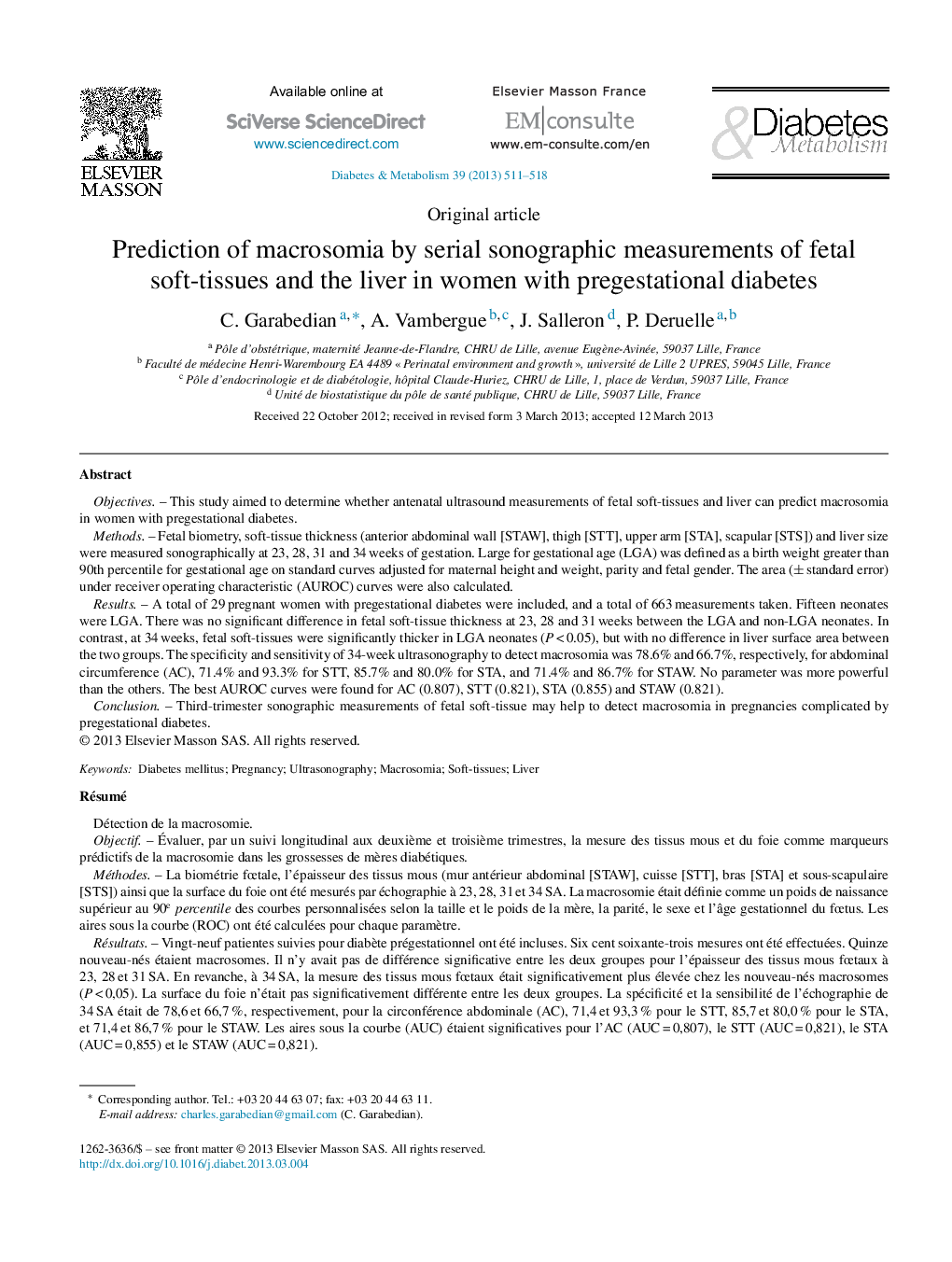 Prediction of macrosomia by serial sonographic measurements of fetal soft-tissues and the liver in women with pregestational diabetes