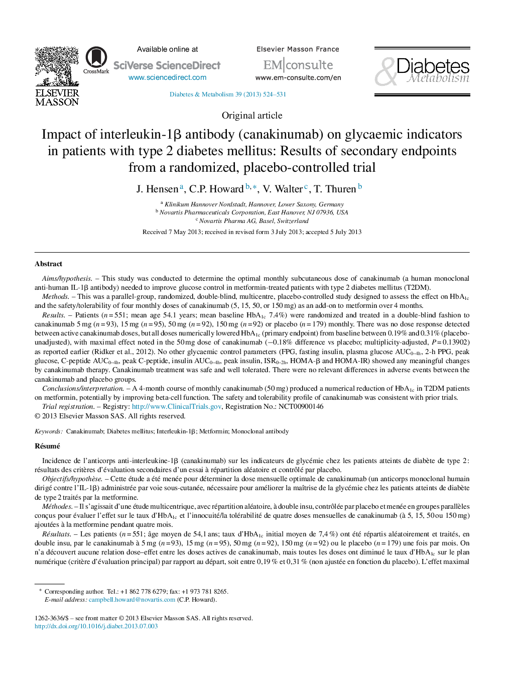 Impact of interleukin-1β antibody (canakinumab) on glycaemic indicators in patients with type 2 diabetes mellitus: Results of secondary endpoints from a randomized, placebo-controlled trial