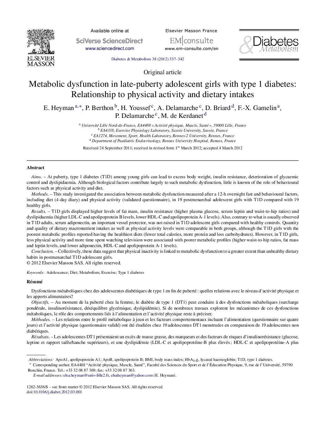 Metabolic dysfunction in late-puberty adolescent girls with type 1 diabetes: Relationship to physical activity and dietary intakes