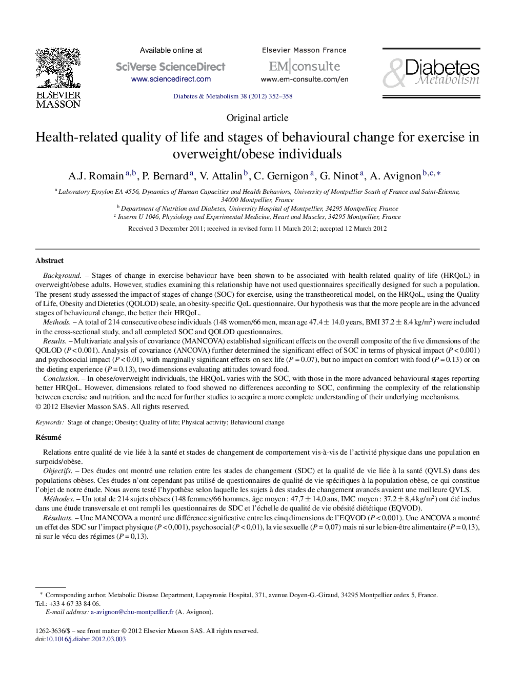 Health-related quality of life and stages of behavioural change for exercise in overweight/obese individuals