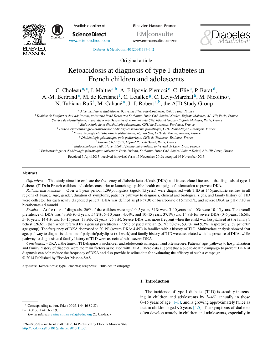 Ketoacidosis at diagnosis of type 1 diabetes in French children and adolescents